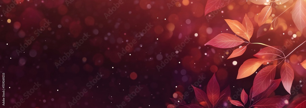 Poster abstract background with red and orange leaves, blurred sparkles effect.