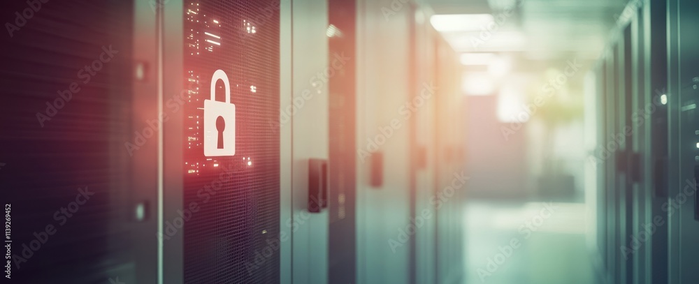 Aufkleber server room with glowing padlock for security.