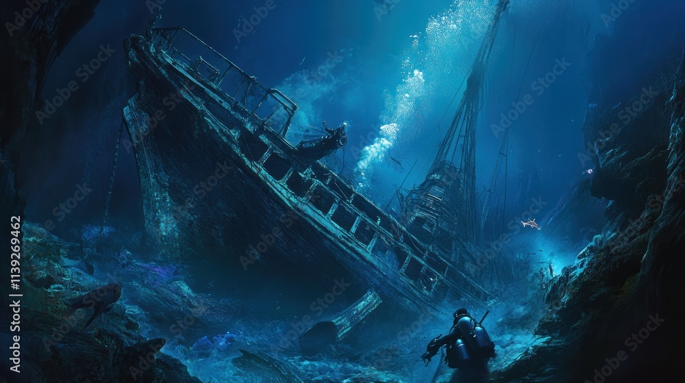 Poster wrecked ship rests on ocean floor with divers exploring around.