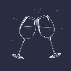 One-line art, two wine glasses clinking together in a toast, vector-style illustration, minimalistic, white on a dark blue background, with white lines, hand-drawn