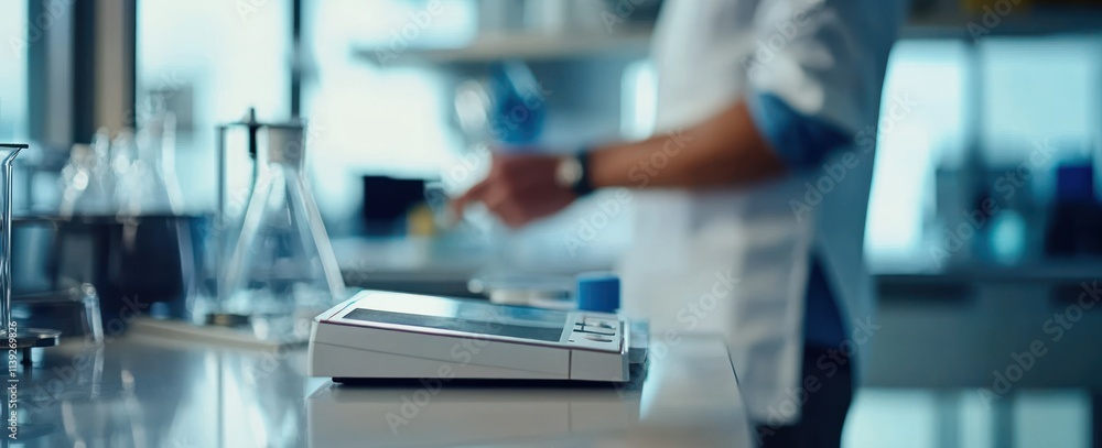 Fototapete scientist working with balance scale and glassware in science laboratory.