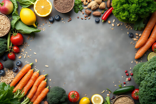 Healthy food clean eating selection: fruit, vegetable, seeds, superfood, cereals, leaf vegetable on gray concrete background copy space