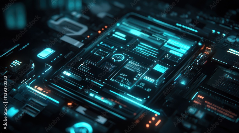 Poster futuristic glowing screen with complex digital interface.