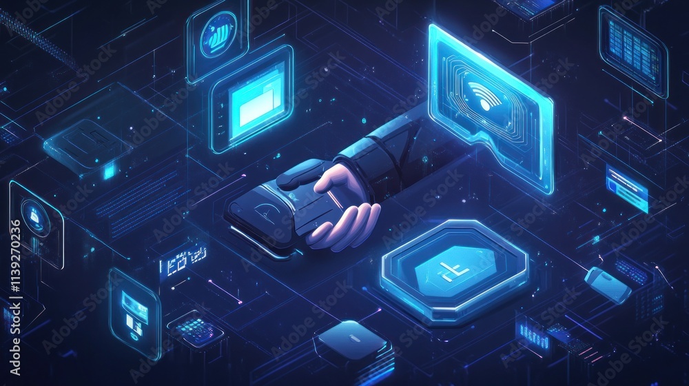 Poster digital handshake with circuit board elements.