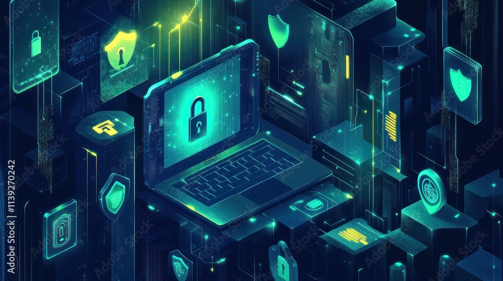 Poster Digital security tech devices and glowing padlock in network environment.