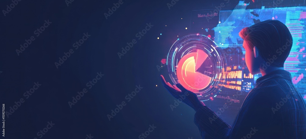 Aufkleber Person using interface holding holographic data pie chart.