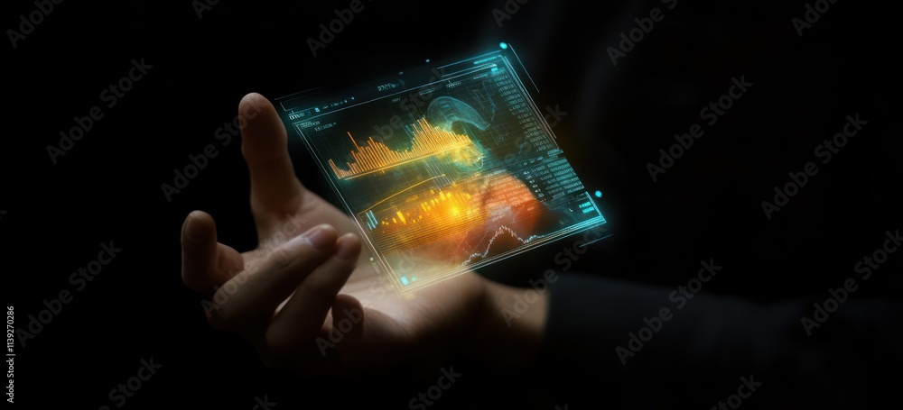Poster Hand holding digital futuristic interface with chart and globe.