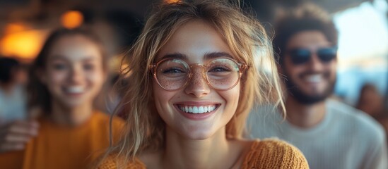 Happy young woman smiling with friends in background.