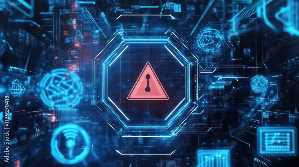 Poster digital warning sign with various blue tech elements.