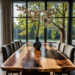 Fototapeta premium Live Edge Wooden Table with Floral Centerpiece