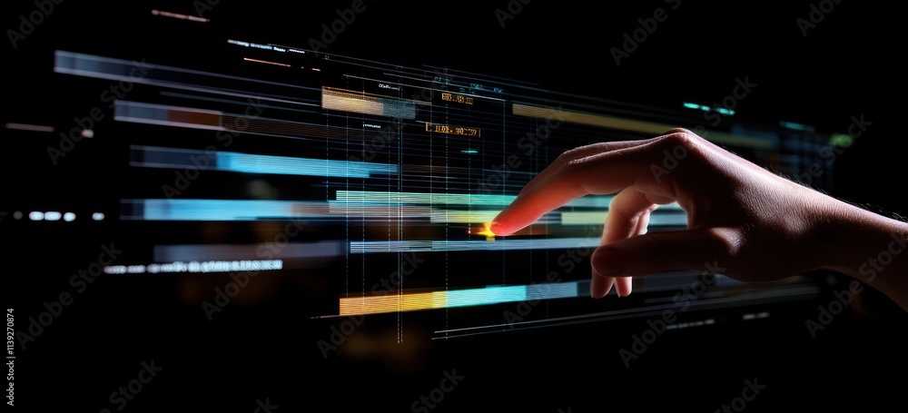 Poster Hand interacting with digital interface, touching colorful data chart.