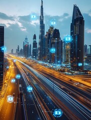 Obraz premium Smart City Landscape of Dubai with Digital Alumni Associations Reflecting Integrated Technology and Community