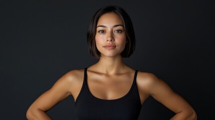 Fototapeta premium Confident Woman with Sleek Bob Haircut on Dark Background