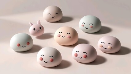A minimalist set of 3D emoticons with soft, pastel colors and smooth, matte finishes.