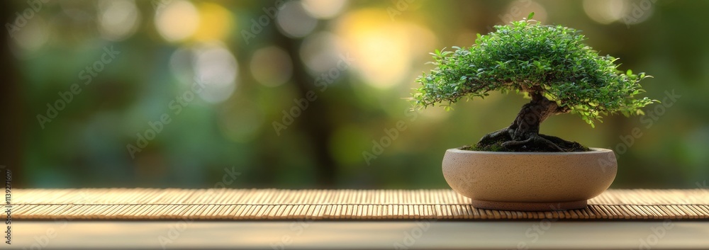 Poster bonsai tree in a pot on a bamboo mat, soft bokeh background.