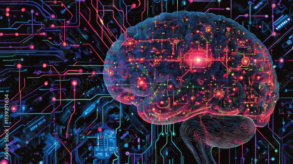 Poster intricate abstract brain design with vibrant digital elements