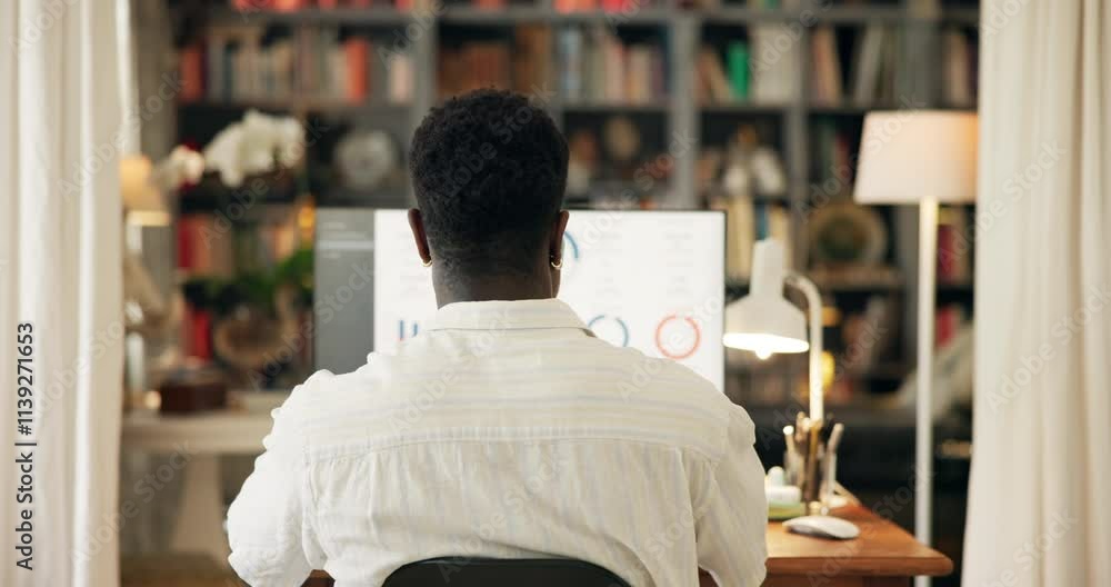 Aufkleber black man, computer screen and trading statistics at home on website for investment returns. male pe