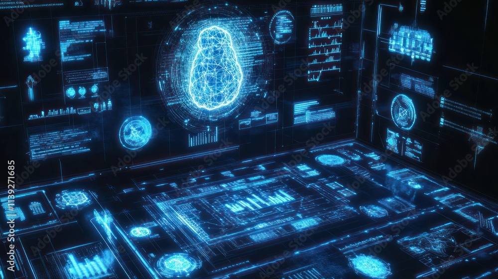 Leinwandbilder Digital brain scan in futuristic interface with glowing data graphs.