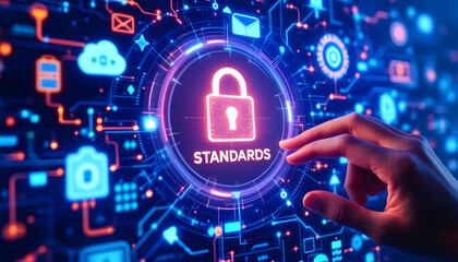 A glowing digital padlock icon with the word "STANDARDS" illuminated in bold text. A hand interacts with the futuristic interface, surrounded by tech elements and data visuals.