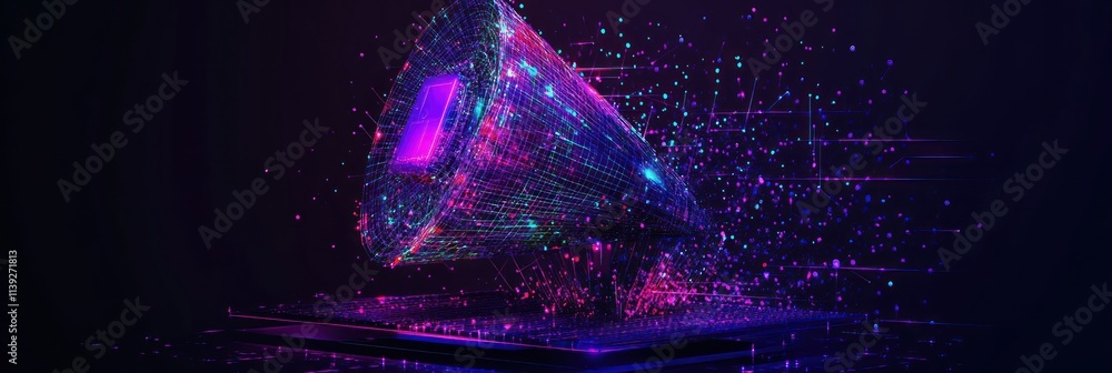 Poster Abstract geometric form with digital network on dark background.