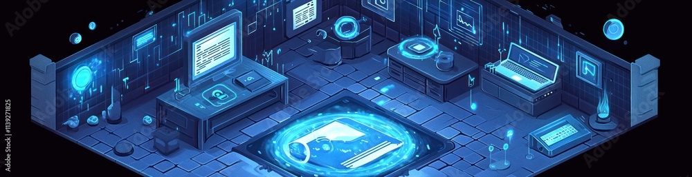 Poster isometric futuristic tech room with glowing screens and portals.
