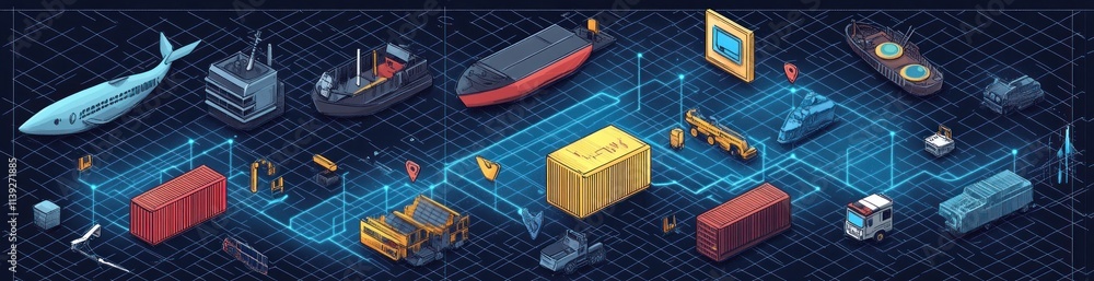 Poster Isometric cargo shipping network with various elements over grid background.