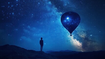 Obraz premium Starry Night Balloon Ride: A Silhouette of Solitude and Dreams