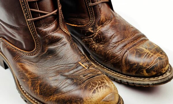 Close-up of Worn Leather Boots on White Background: A Study in Texture and Time