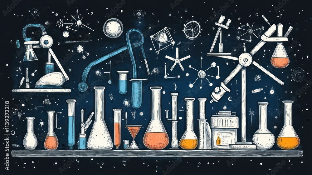 Poster laboratory glassware on shelf in dark background with stars.