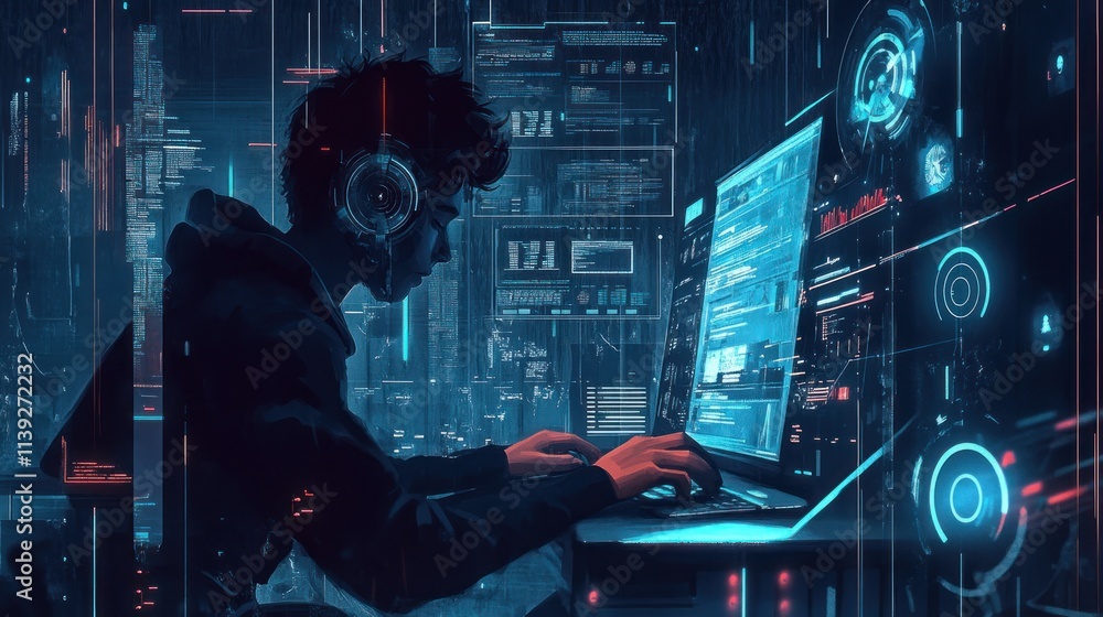 Leinwandbilder Young coder working on digital interfaces with futuristic background.