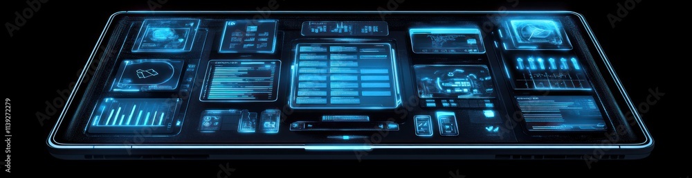 Poster Digital futuristic touchscreen device with blue interface.