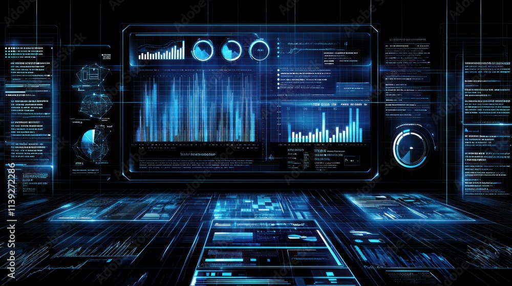 Poster Blue digital interface with graphs and data analysis.