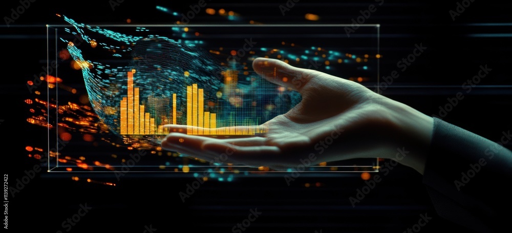 Poster hand presenting 3d data chart on black background.