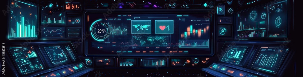 Aufkleber dark futuristic control panel with glowing monitors and data displays.