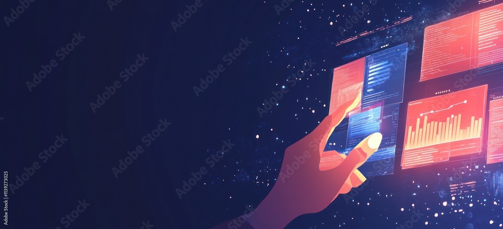 Poster hand touches digital screens with data.