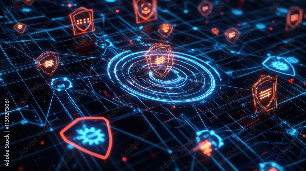 Leinwandbilder glowing network with shield icons for security and data protection.