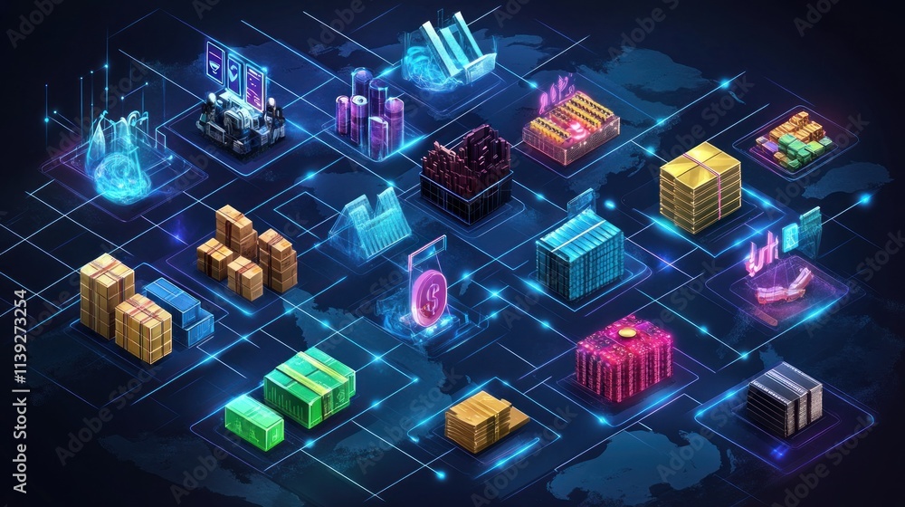 Poster Global network map of various factory and storage units.