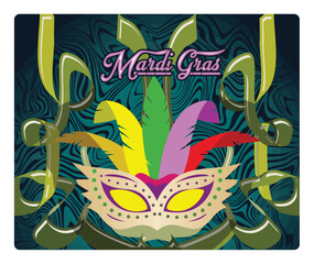 Mardi Gras mask with colorful feathers and swirling ribbons.