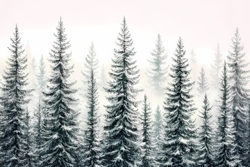 Obraz premium Snowy Evergreen Trees in Misty Forest Landscape During Winter