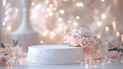A soft white podium with delicate lace details, surrounded by pale pink roses and sparkling fairy lights, set in a cozy romantic room
