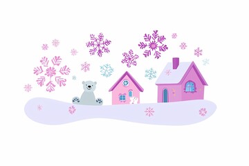 Charming Winter Scene with Cute Houses and Snowy Background