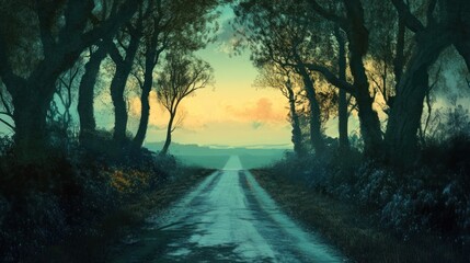 Obraz premium Mystical Road at Dusk: A Journey into the Unknown