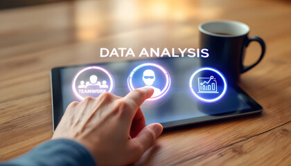 Futuristic Data Analysis Display, Hand Touching Digital Holograms