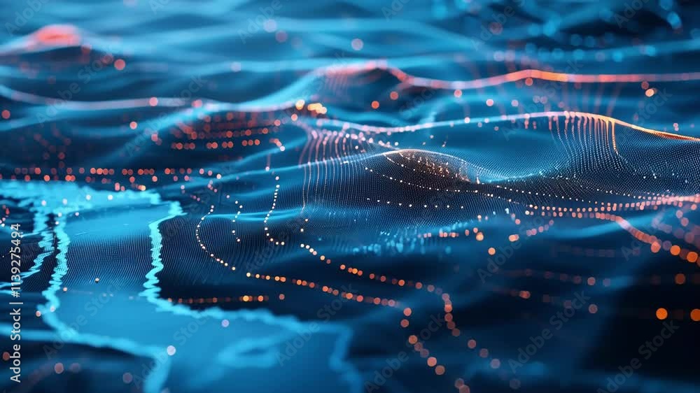 Poster complex digital landscape glowing with futuristic data streams flowing across a dynamic topography, 