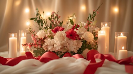 Obraz premium A podium decorated with white and red ribbons, soft candlelight, and a romantic flower arrangement, set for a Valentine is Day speech
