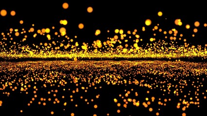 Festive abstract background with gold particles shining golden sparkles, blurred bokeh, on black background.