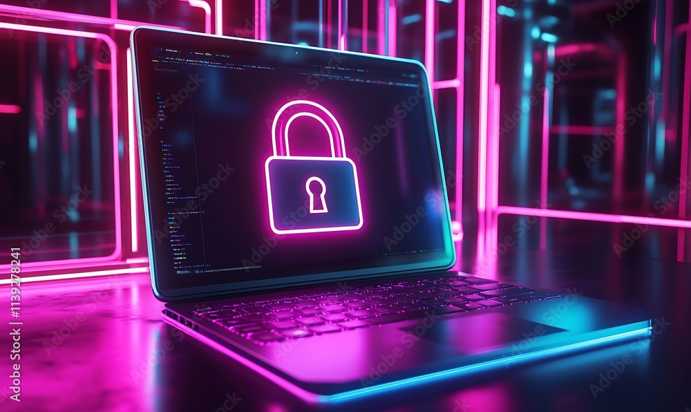 Poster open laptop showing a padlock icon on the screen in a neon environment, representing cybersecurity, 