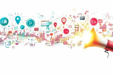 Obraz premium Vibrant Megaphone with Colorful Digital Marketing Icons and Graphs