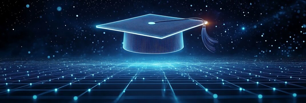 Digital illustration of a graduation cap made from glowing data connections, representing the impact and connection between education technology products, Generative Ai