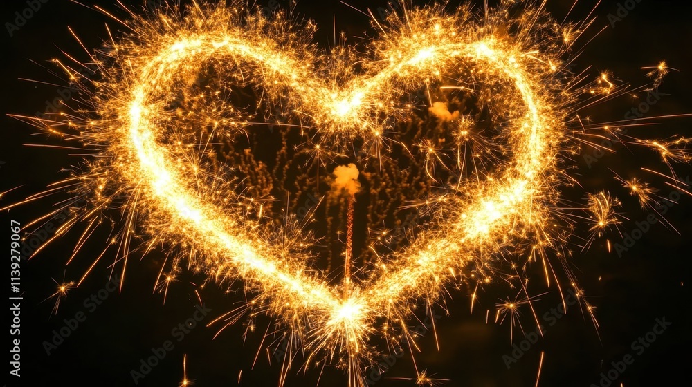 Poster heart shape sparkler creating bright light on dark background